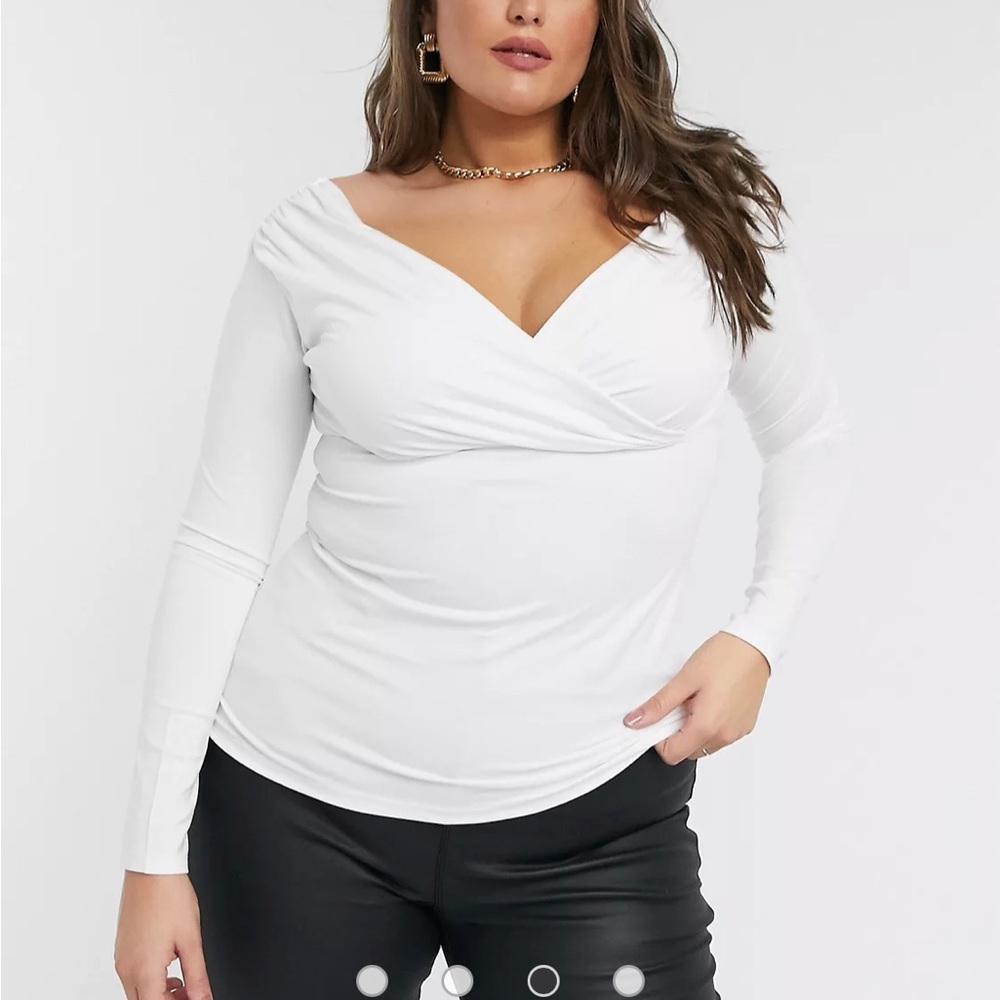 ASOS DESIGN Curve Wrap Over Bardot top in white size US 22